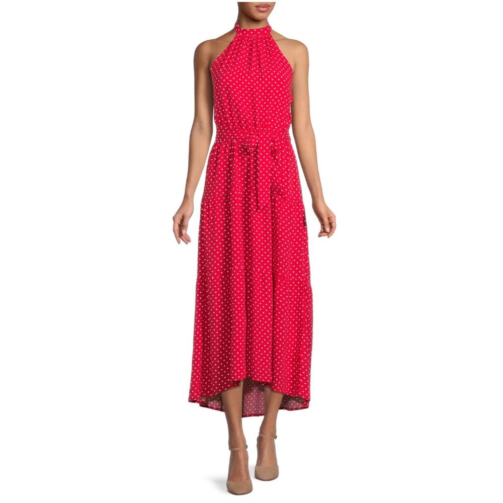 NINE.EIGHT WOMENS PLUS SIZE HELTER MAXI DRESS XXL POLKA DOT RED BELTED